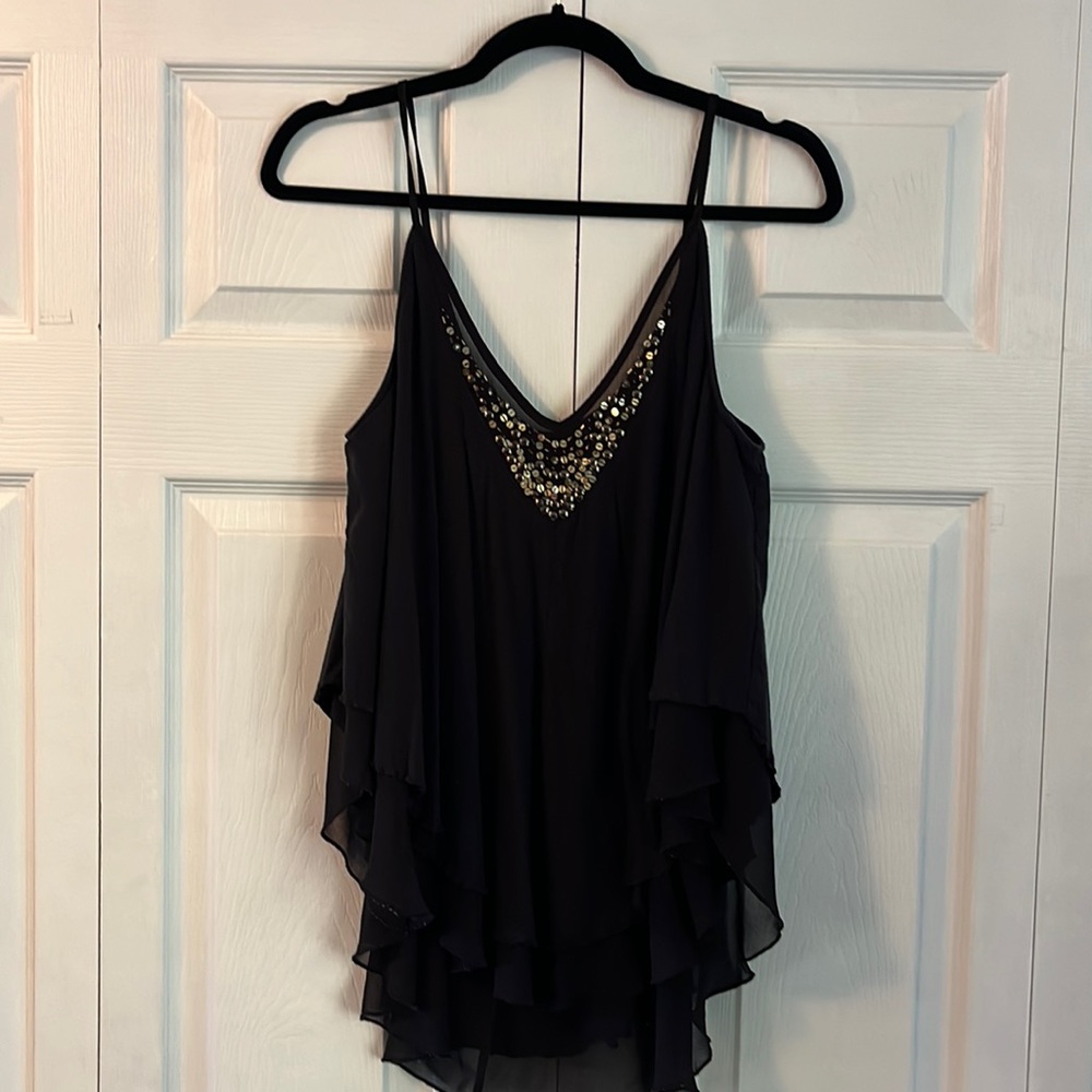Express beaded flowy tank top! Gently worn. Black and gold details.